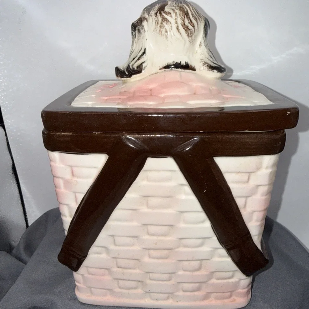 Vintage Napco MCM Basket Weave Cookie Jar w/ Lid With Bla&whit Puppy Basket Pink